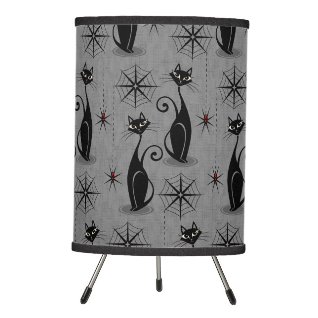 Retro Spooky Meow - Atomic Cats Distressed Gray Tripod Lamp (Front)