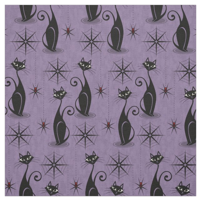 Retro Spooky Meow - Atomic Cats Distressed Purple Fabric (Swatch)