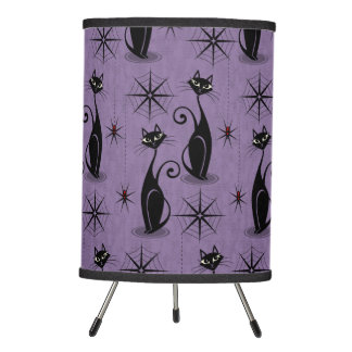 Retro Spooky Meow - Atomic Cats Distressed Purple Tripod Lamp