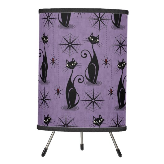Retro Spooky Meow - Atomic Cats Distressed Purple Tripod Lamp (Front)
