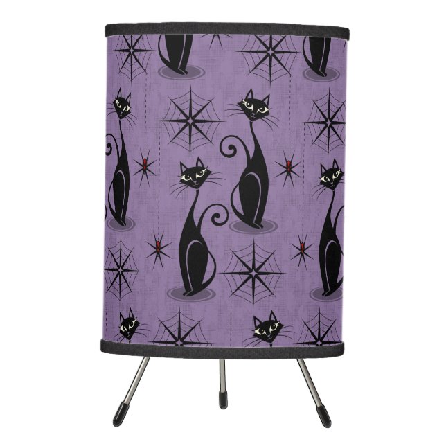 Retro Spooky Meow - Atomic Cats Distressed Purple Tripod Lamp (Front)