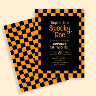Retro Spooky One Checkered Orange 1st Birthday Invitation