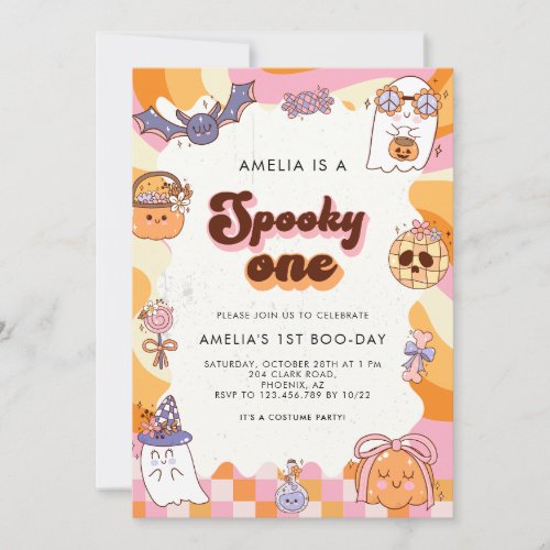 Retro Spooky One Pink Halloween 1st Birthday  Invitation