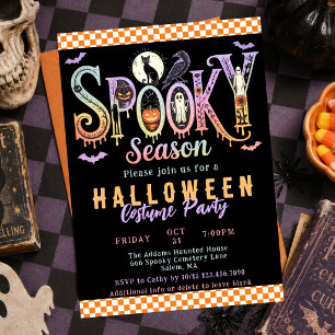 Retro Spooky Orange Pastel Halloween Costume Party Invitation