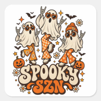 Retro Spooky SZN Ghosts | Groovy 70s Halloween Des Square Sticker