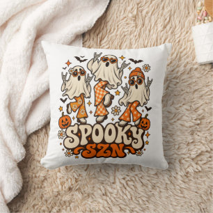 Retro Spooky SZN Ghosts Groovy 70s Halloween Des Throw Pillow