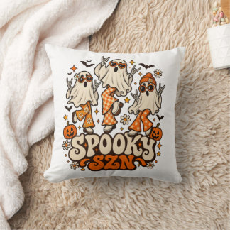 Retro Spooky SZN Ghosts | Groovy 70s Halloween Des Throw Pillow