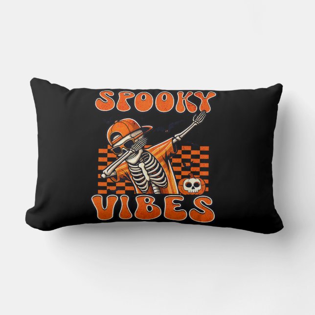 Retro Spooky Vibes Dabbing Skeleton Halloween Lumbar Pillow (Front)