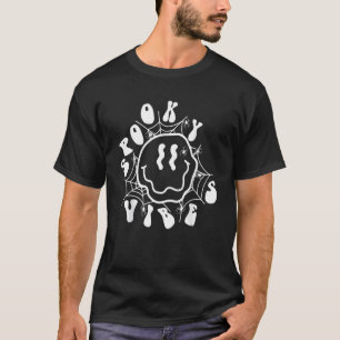 Retro Spooky Vibes Smile Face Spider Web Hallowee T-Shirt