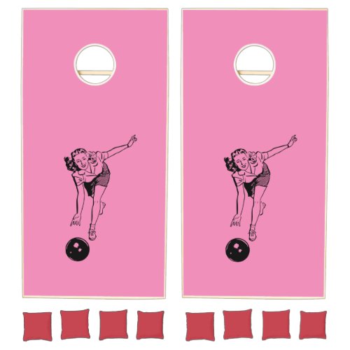 Retro Sports Girl Bowling Pink Cornhole Set