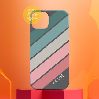 Retro Sporty stripes teal pink handwritten name iPhone 15 Case