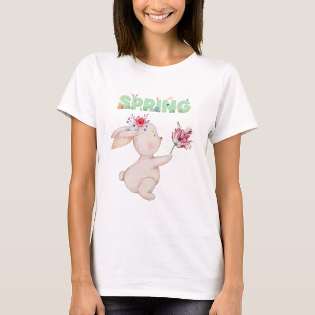 Retro Spring Bunny with Tulip Graphic Tee (Front)