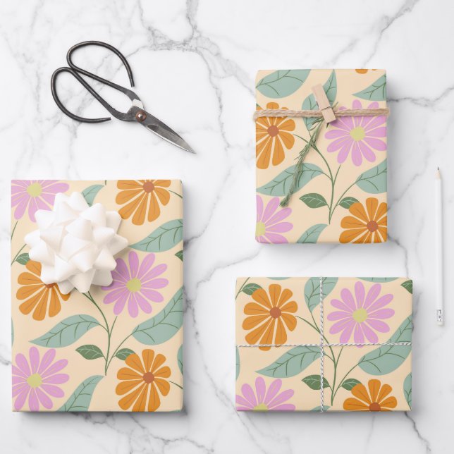 Retro spring flowers wrapping paper sheets (Front)