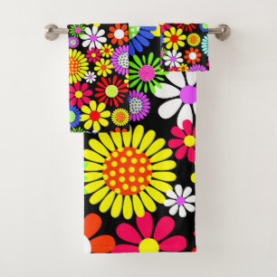 Retro spring hippie flower power  bath towel set