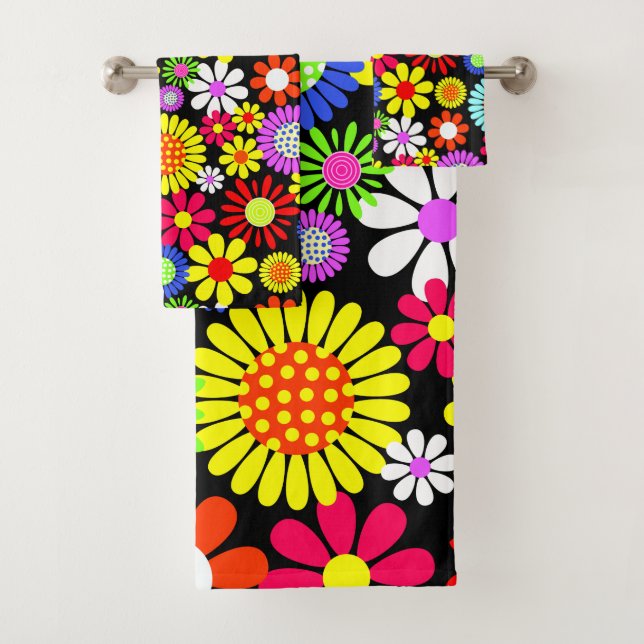 Retro spring hippie flower power  bath towel set (Insitu)