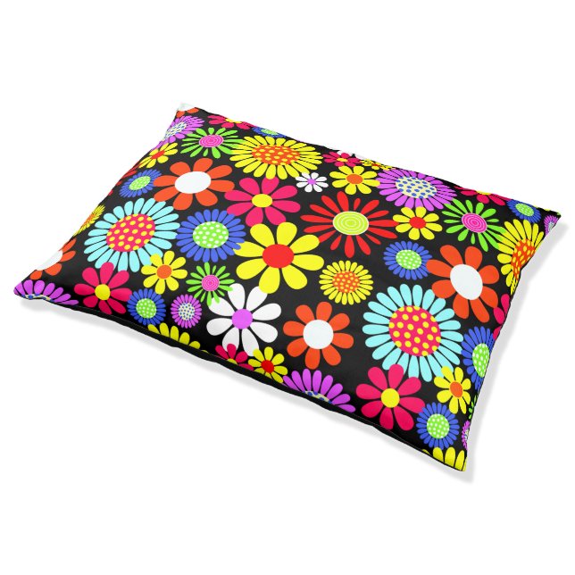 Retro spring hippie flower power pet bed (Angled)