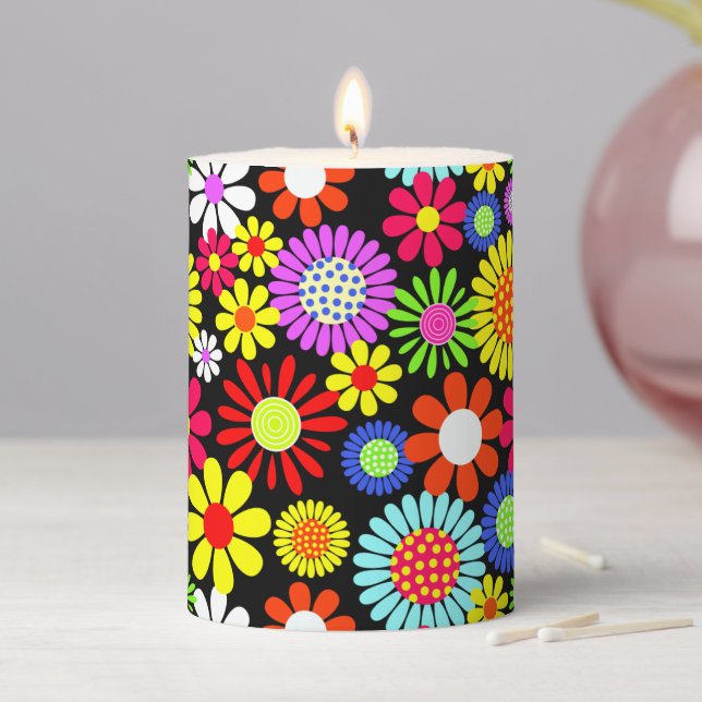 Retro spring hippie flower power  pillar candle (In Situ)