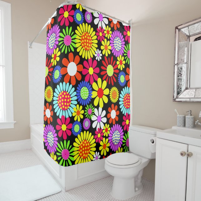 Retro spring hippie flower power shower curtain (In Situ)