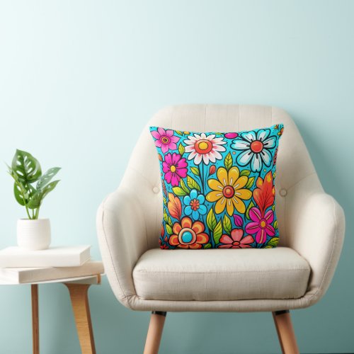 Retro spring hippie flower power  throw pillow