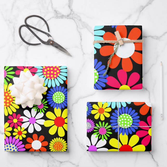 Retro spring hippie flower power  wrapping paper sheets (Front)