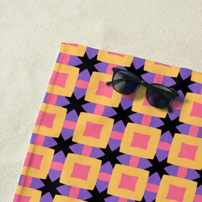 Retro Square Grid Pattern with Bright Colors Beach Towel (In Situ)