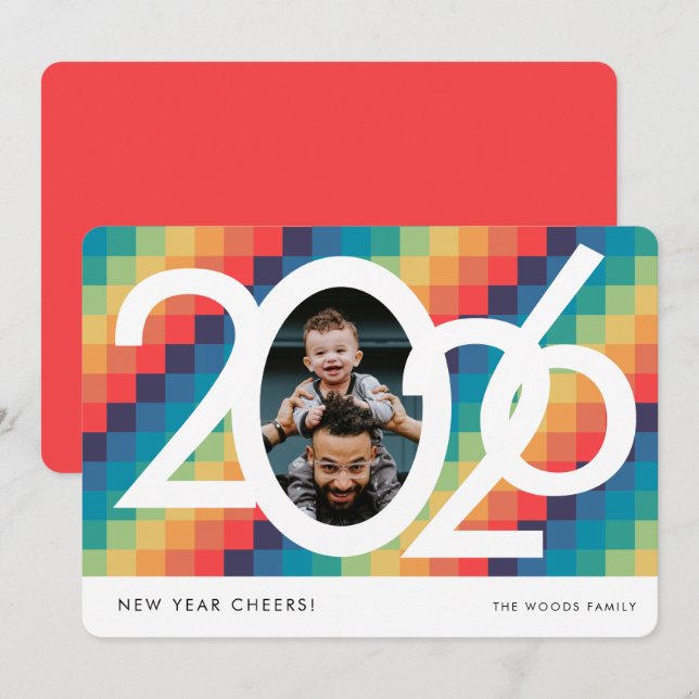 Retro square pattern 2026 New Year photo Holiday Card (Front/Back)