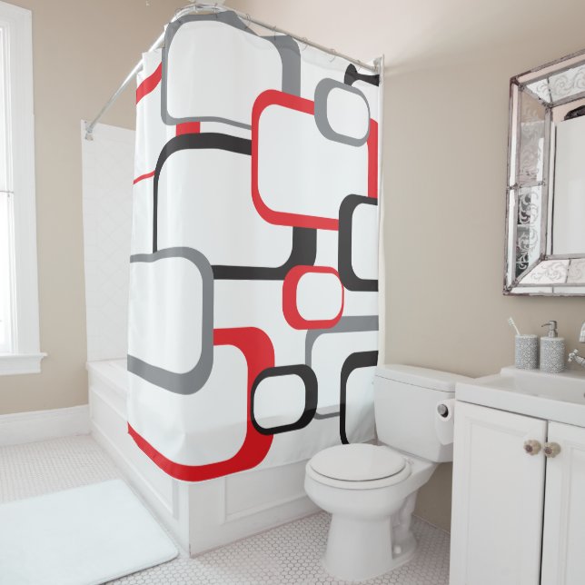 Retro Square Pattern Red Black Gray White Shower Curtain (In Situ)