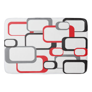 Retro Square Pattern Red Gray Black White Bath Mat