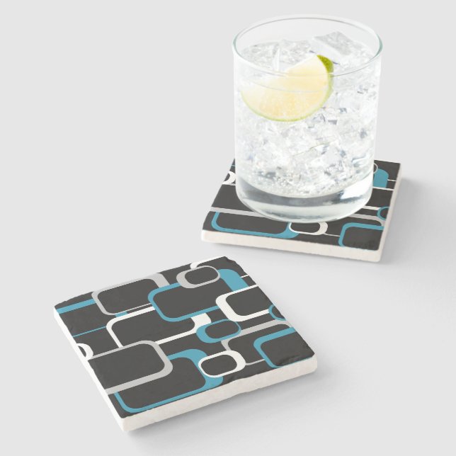 Retro Squares Blue Gray White Pattern Black  Stone Coaster (Side)