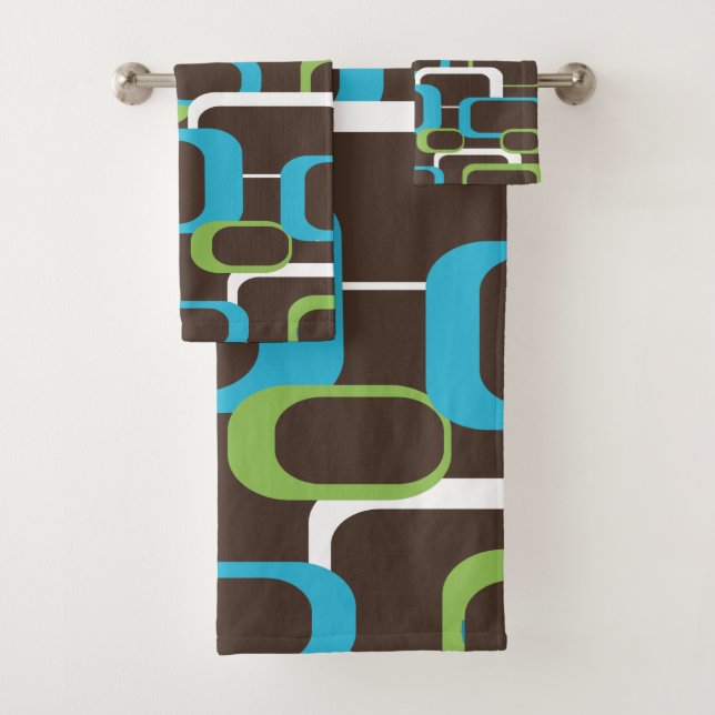 Retro Squares Blue Green White Brown Pattern Bath Towel Set (Insitu)