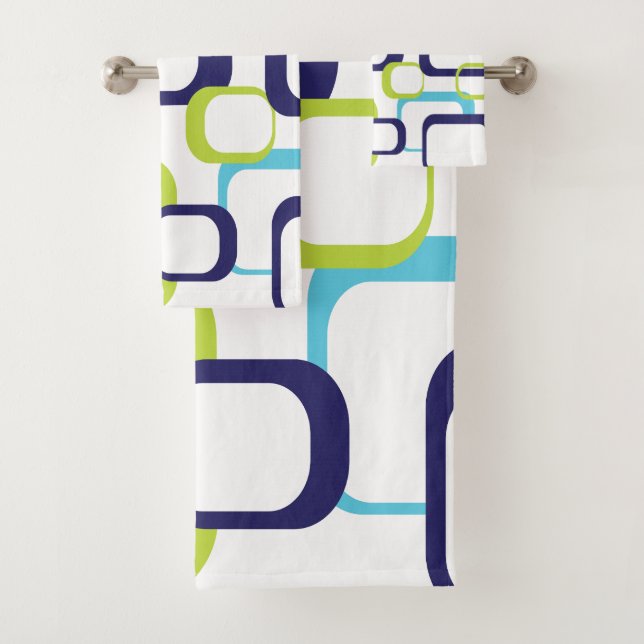 Retro Squares Blue Green White Pattern Bath Towel Set (Insitu)