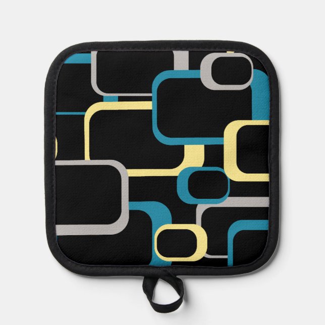 Retro Squares Blue Yellow Gray Black Background Pot Holder (Front)
