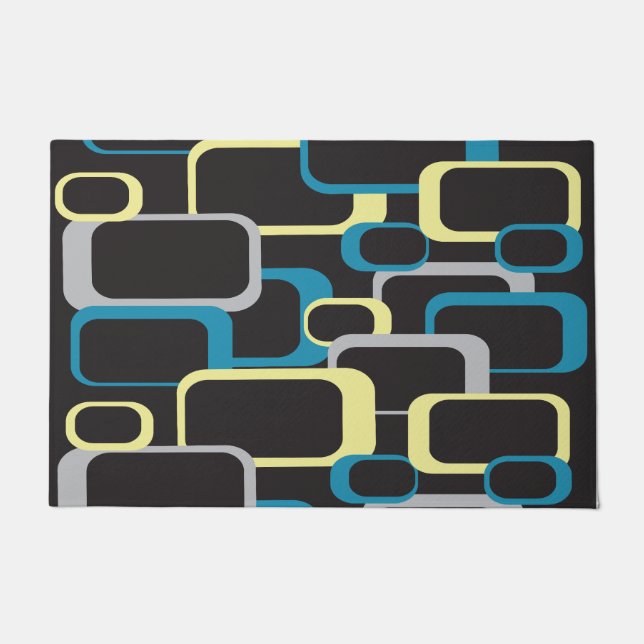 Retro Squares Blue Yellow Gray Pattern Doormat (Front)