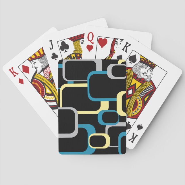Retro Squares Geometric Pattern Blue Yellow Gray Poker Cards (Back)