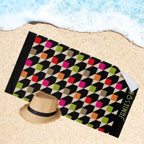 Retro Squares Monogram Name Black Trendy Chic Beach Towel