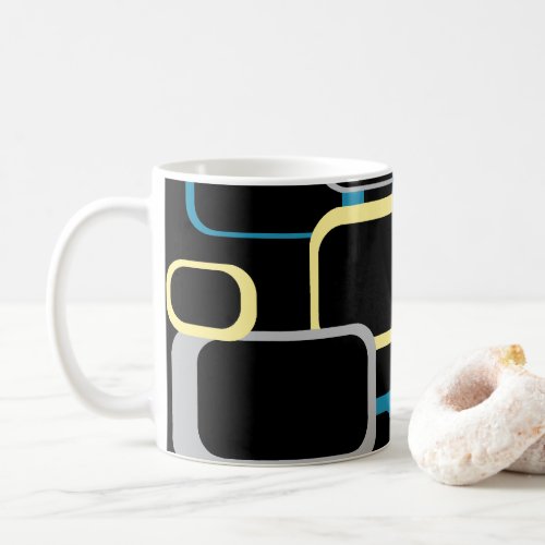 Retro Squares Pattern Blue Gray Yellow  Coffee Mug