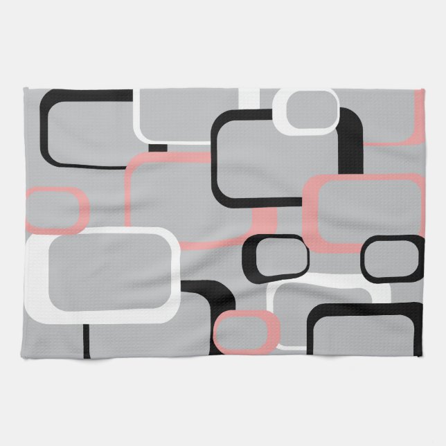 Retro Squares Pattern Pink Black White Gray Kitchen Towel (Horizontal)