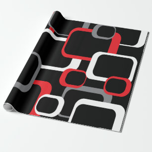Retro Squares Pattern Red Black White Gray Wrapping Paper