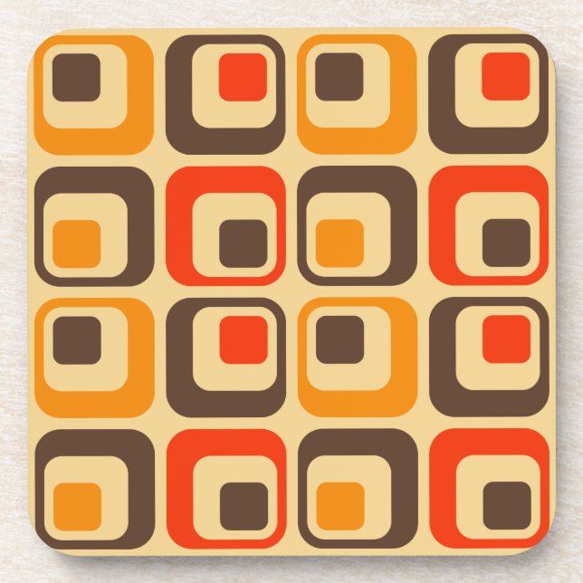 Retro Squares Pattern - Red, Brown & Orange Drink Coaster (Front)