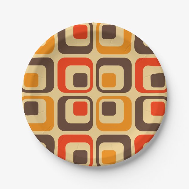 Retro Squares Pattern - Red, Brown & Orange Paper Plates (Front)