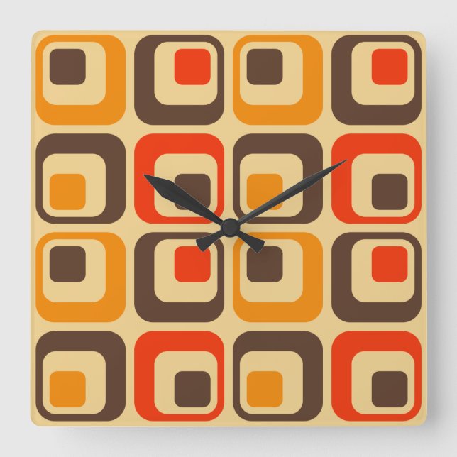 Retro Squares Pattern - Red, Brown & Orange Square Wall Clock (Front)
