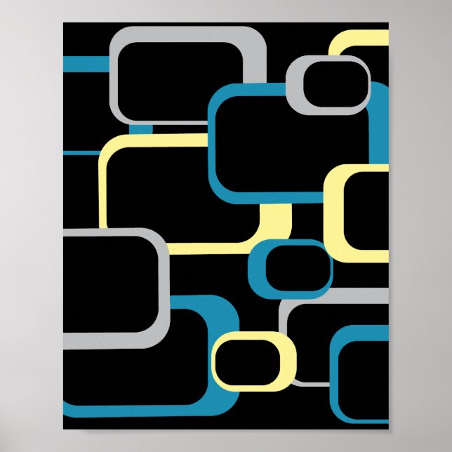 Retro Squares Pattern Yellow Blue Gray Black Poster (Front)
