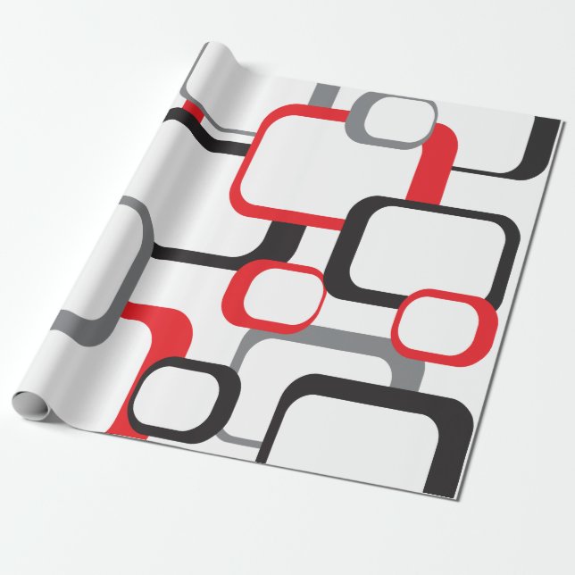 Retro Squares Red Black Gray White Pattern Wrapping Paper (Unrolled)