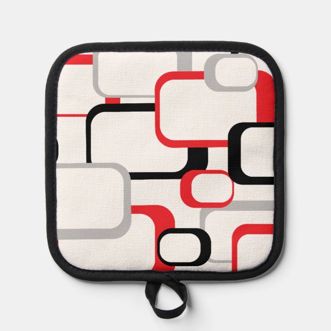 Retro Squares Red Gray Black White Background Pot Holder (Front)