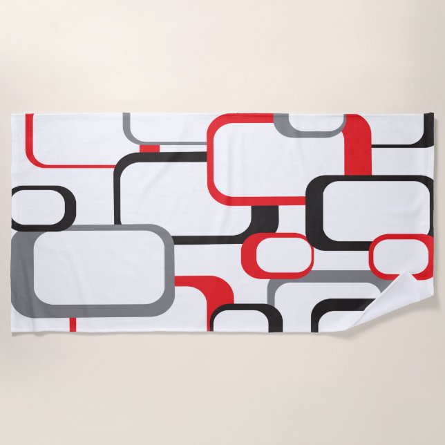 Retro Squares Red Gray Black White Trendy Pattern Beach Towel (Front)