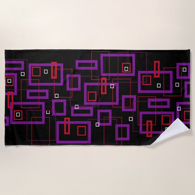 Retro squares, red, purple and black beach towel (Front)