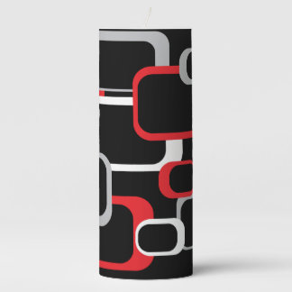 Retro Squares Red White Gray Pattern Black  Pillar Candle