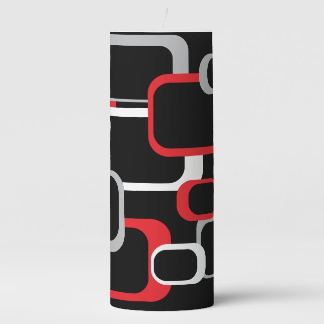 Retro Squares Red White Gray Pattern Black  Pillar Candle (Front)