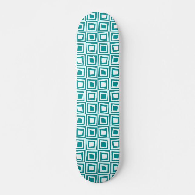 Retro Squares - White on Aqua Skateboard Deck (Front)