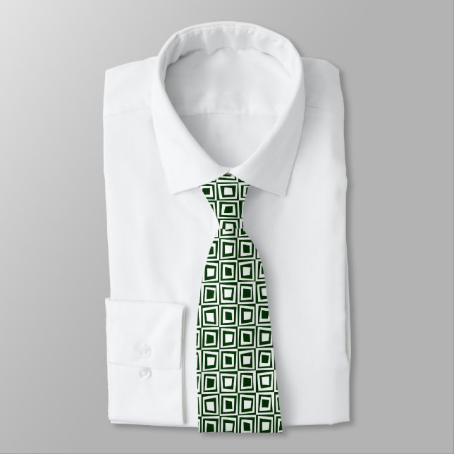 Retro Squares - White on Dark Green Neck Tie (Tied)